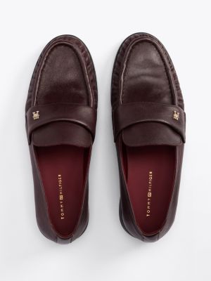 brown th monogram leather pleated loafers for women tommy hilfiger