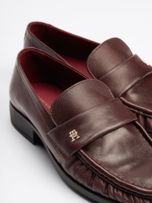 brown th monogram leather pleated loafers for women tommy hilfiger