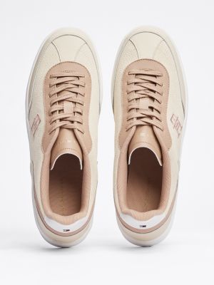 beige th monogram colour-blocked trainers for women tommy hilfiger