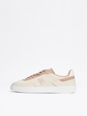 beige th monogram colour-blocked trainers for women tommy hilfiger