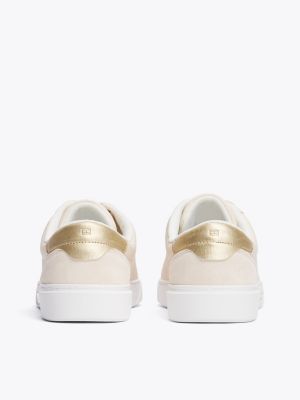 beige court-sneaker aus leder mit metallic-details für damen - tommy hilfiger