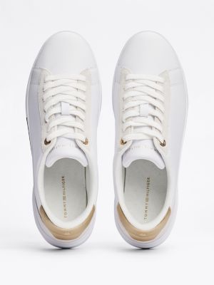 white metallic leather court trainers for women tommy hilfiger