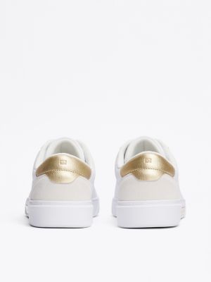 white metallic leather court trainers for women tommy hilfiger