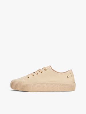 beige canvas sneaker met touw en th-monogram voor dames - tommy hilfiger