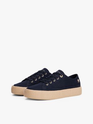 blauw canvas sneaker met touw en th-monogram voor dames - tommy hilfiger