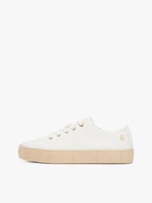 wit canvas sneaker met touw en th-monogram voor dames - tommy hilfiger