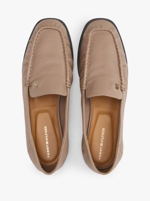 beige leather th monogram plaque loafers for women tommy hilfiger