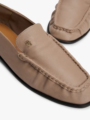 beige leather th monogram plaque loafers for women tommy hilfiger