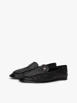 black leather th monogram plaque loafers for women tommy hilfiger