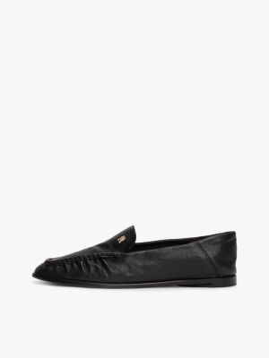 black leather th monogram plaque loafers for women tommy hilfiger