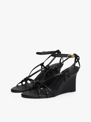 black leren sandaal met sleehak en geknoopt detail voor dames - tommy hilfiger