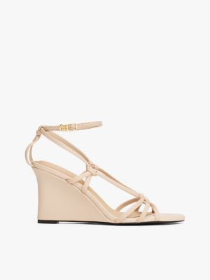 beige leren sandaal met sleehak en geknoopt detail voor dames - tommy hilfiger