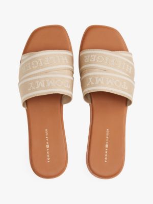 brown webbing woven logo strap mules for women tommy hilfiger