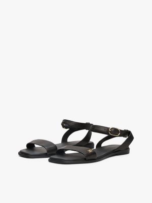 black leather th monogram plaque sandals for women tommy hilfiger