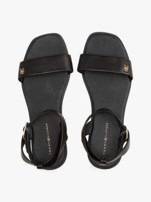 black leather th monogram plaque sandals for women tommy hilfiger