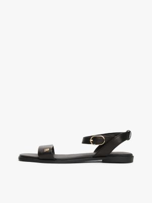 black leather th monogram plaque sandals for women tommy hilfiger