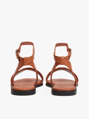 brown leather th monogram plaque sandals for women tommy hilfiger