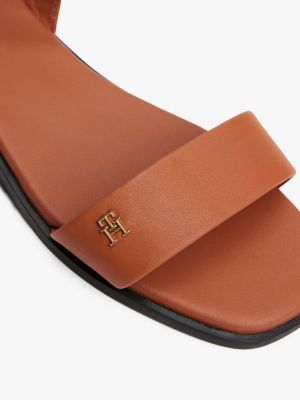 brown leather th monogram plaque sandals for women tommy hilfiger