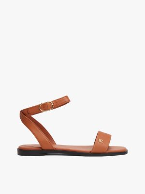 brown leather th monogram plaque sandals for women tommy hilfiger