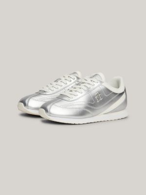 zapatillas estilo running de piel metalizada gris de mujeres tommy hilfiger