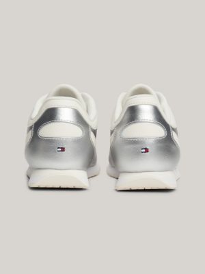 zapatillas estilo running de piel metalizada gris de mujeres tommy hilfiger