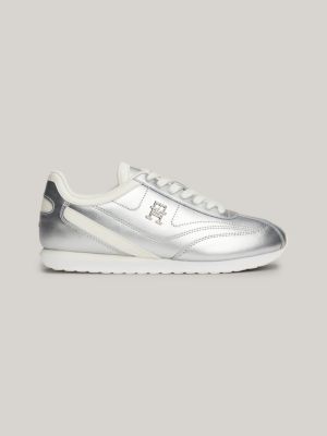 grey metallic leather runner trainers for women tommy hilfiger