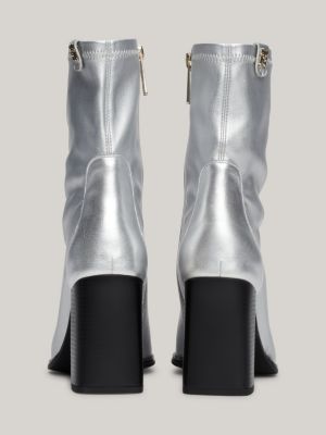 bottines chaussettes cuir métallisé à talon gris pour femmes tommy hilfiger