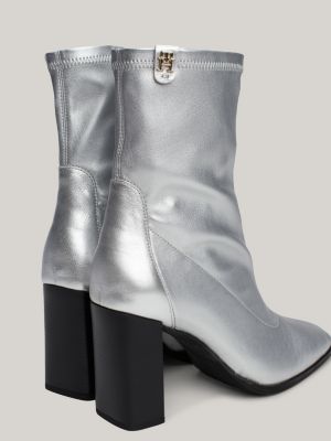 bottines chaussettes cuir métallisé à talon gris pour femmes tommy hilfiger