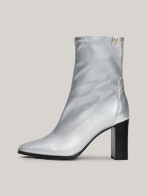 bottines chaussettes cuir métallisé à talon gris pour femmes tommy hilfiger