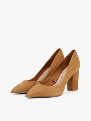 brown th monogram suede block pointed heels for women tommy hilfiger