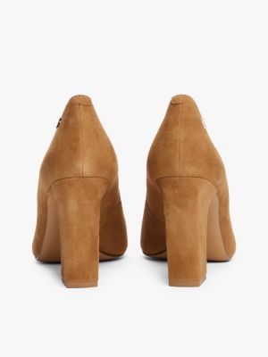 brown th monogram suede block pointed heels for women tommy hilfiger