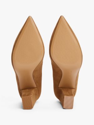 brown th monogram suede block pointed heels for women tommy hilfiger