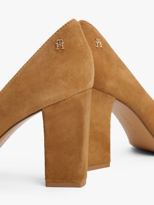 brown th monogram suede block pointed heels for women tommy hilfiger