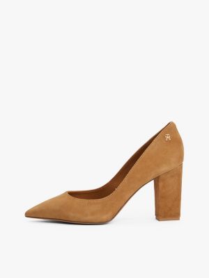 brown th monogram suede block pointed heels for women tommy hilfiger