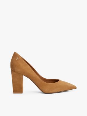 brown th monogram suede block pointed heels for women tommy hilfiger