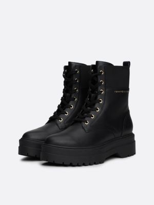 black th monogram leather cleat boots for women tommy hilfiger