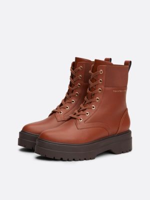 brown th monogram leather cleat boots for women tommy hilfiger