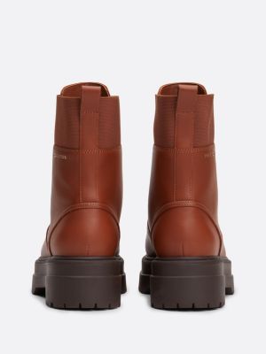 brown th monogram leather cleat boots for women tommy hilfiger