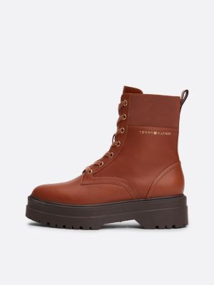 brown th monogram leather cleat boots for women tommy hilfiger