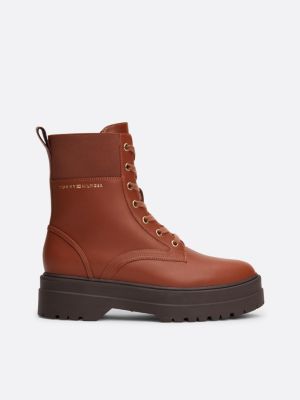 brown th monogram leather cleat boots for women tommy hilfiger