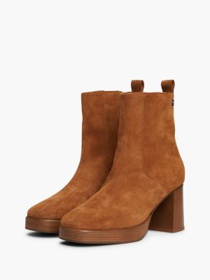 brown th monogram suede block heel ankle boots for women tommy hilfiger