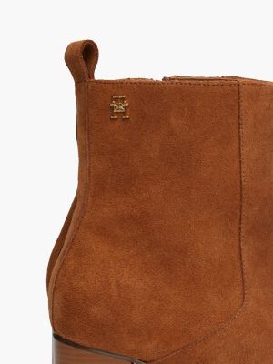 brown th monogram suede block heel ankle boots for women tommy hilfiger