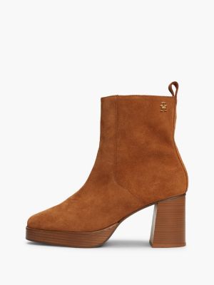 brown th monogram suede block heel ankle boots for women tommy hilfiger