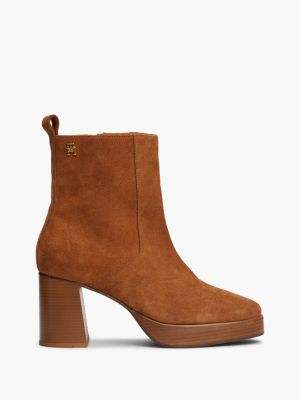 brown th monogram suede block heel ankle boots for women tommy hilfiger