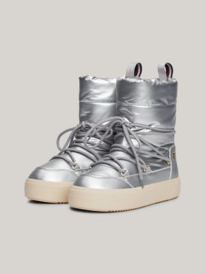 grey th monogram metallic lace-up snow boots for women tommy hilfiger