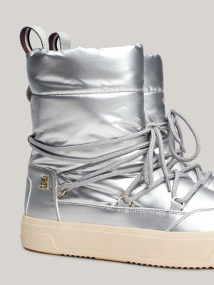 grey th monogram metallic lace-up snow boots for women tommy hilfiger