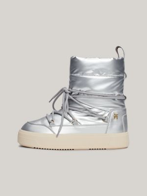 grey th monogram metallic lace-up snow boots for women tommy hilfiger