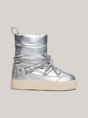 grey th monogram metallic lace-up snow boots for women tommy hilfiger