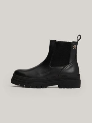 black th monogram leather cleat chelsea boots for women tommy hilfiger