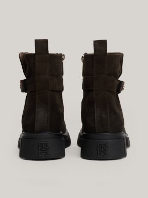 black th monogram brushed suede biker boots for women tommy hilfiger